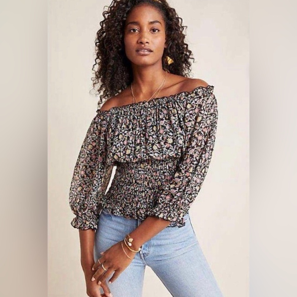 By Anthropologie Lucia Winter Floral Smocked Off Shoulder Peasant Blouse Size XS